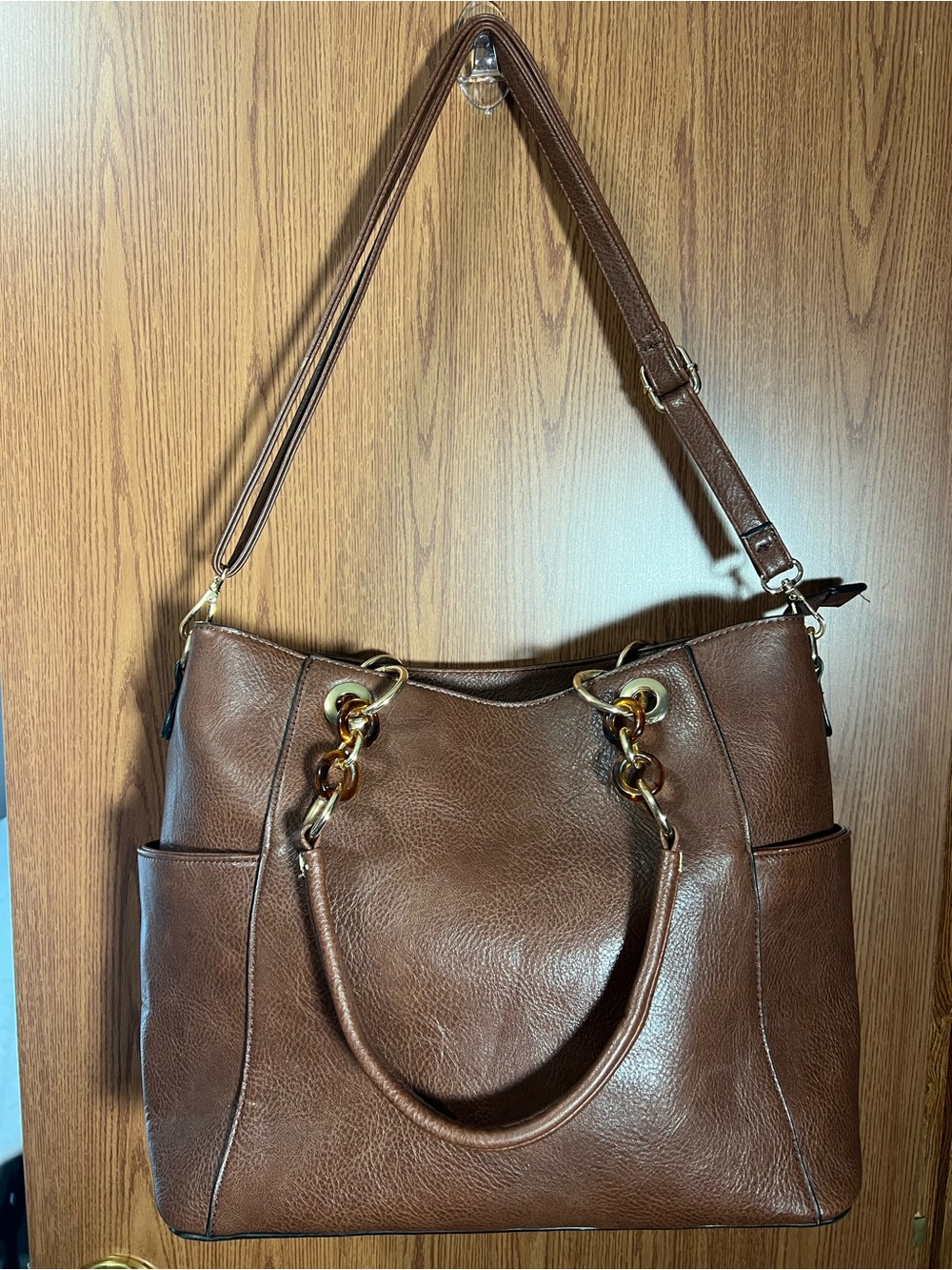 Mia K Farrow Brown Tote Shoulder Bag Crossbody Purse Large Tortoise Chain